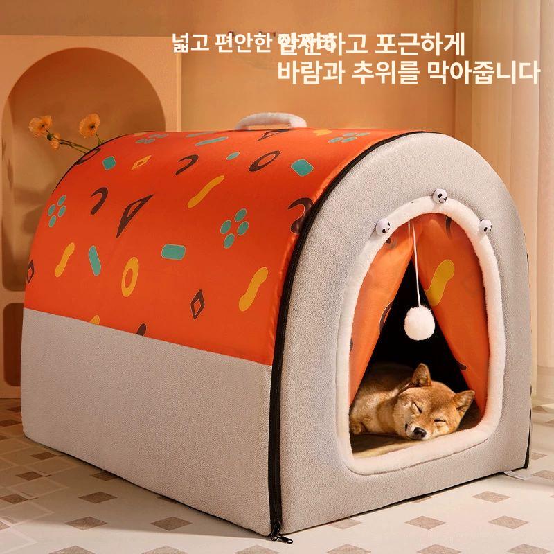 실내 대형견 텐트 주택 L 겨울 견사 하우스 난방 보온 오렌지 기하학적 집 L 56 47x42cm 12.5kg이하 - 상세 이미지 2