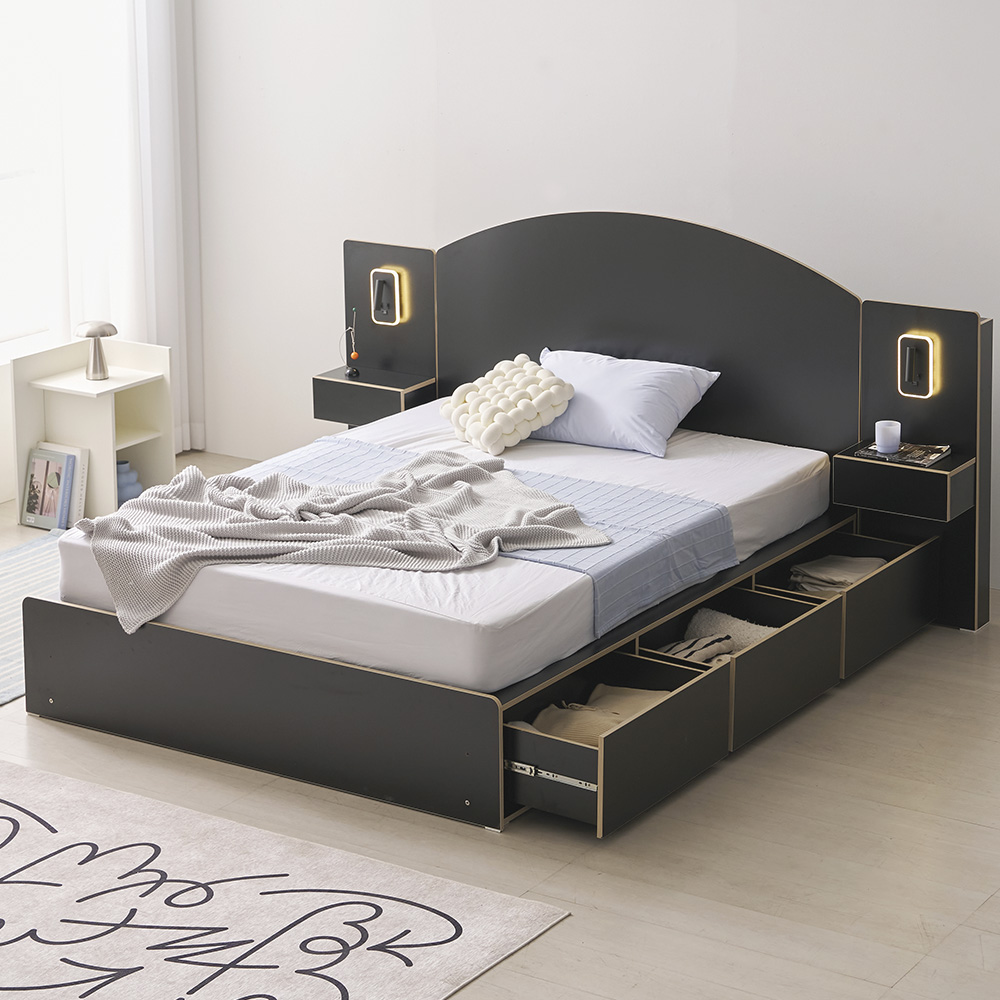 무디켄 도도도 수납형 서랍 호텔 침대 프레임 (+방수커버) 원형, SS 슬라이딩, 블랙+우드엣지