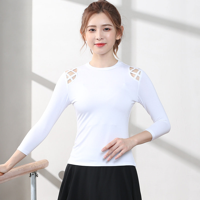 라인댄스상의 반팔 긴팔 티셔츠 어깨 트임 슬림핏 모던 스윙 차밍 스포츠 줌바 사교 댄스복 - 상세 이미지 3