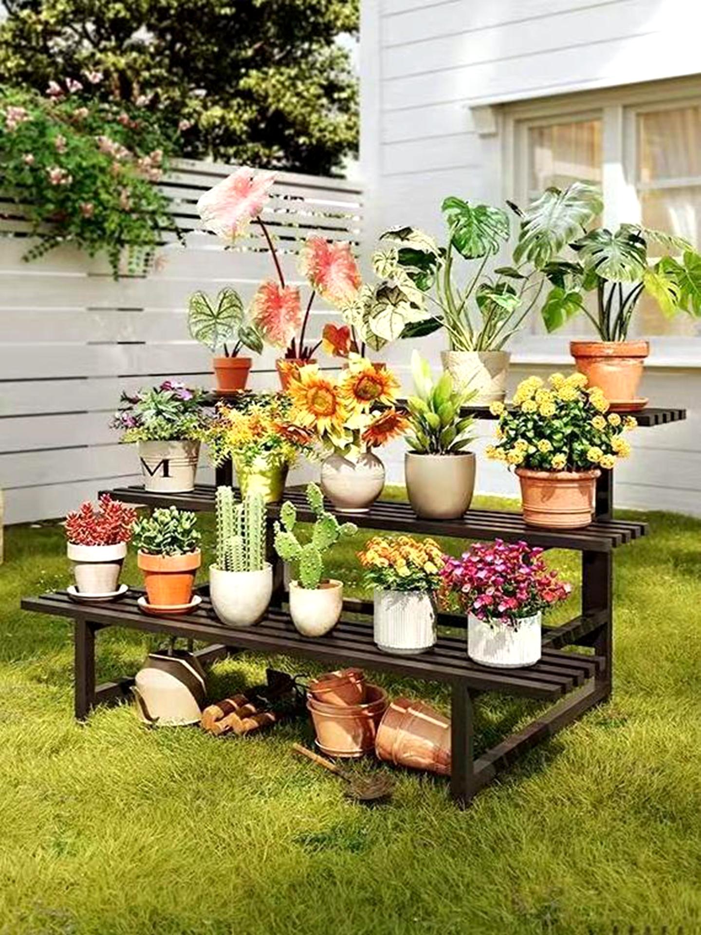 화분 받침대 철제 다용도 화분선반 계단식 식물 진열대 블랙 삼중 칸 80cm 봉 포함 - 상세 이미지 3
