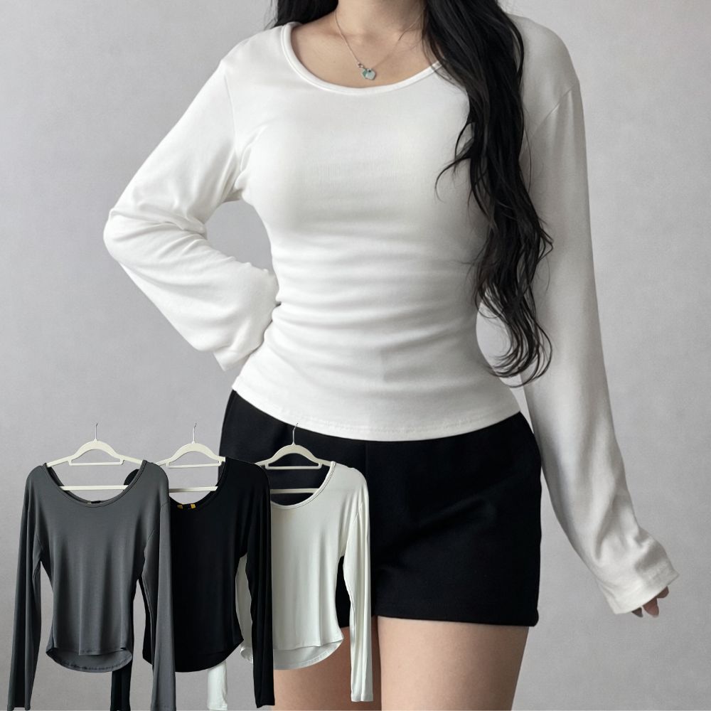 긴팔 라운드 유넥 티셔츠 화이트 블랙 - 상품 이미지