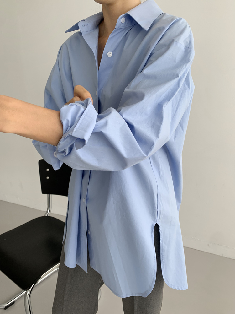 오버핏 바스락 코튼 플리츠 여성 셔츠 롱 남방 빅사이즈 하늘색 블루 화이트 - 상세 이미지 3