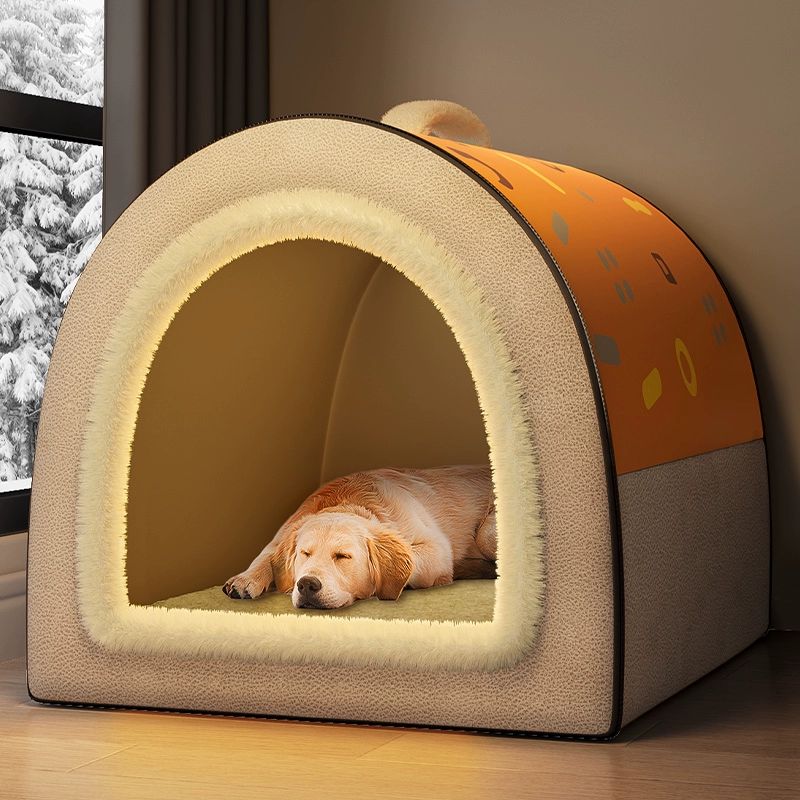 실내 대형견 텐트 주택 L 겨울 견사 하우스 난방 보온 오렌지 기하학적 집 L 56 47x42cm 12.5kg이하 - 상품 이미지
