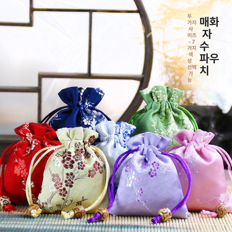 미니 복주머니 소품 노리개 장식 인조비단 전통 빨간 핑크레드 매화 묶음 가방 8 x 10cm - 상세 이미지 2