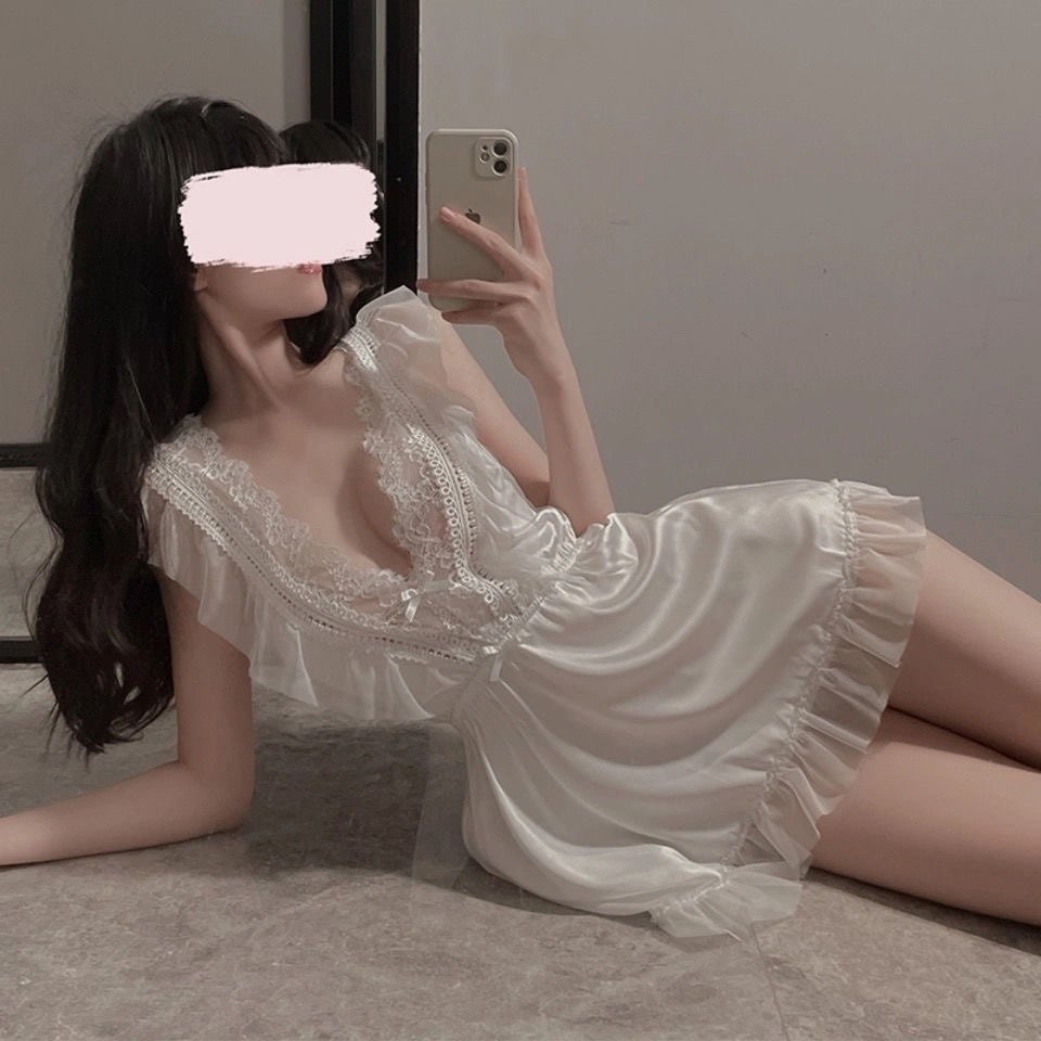 섹시 레이스 슬립 부드러운 실키 새틴 딥브이넥 프릴 러플소매 미니원피스 잠옷 홈웨어 - 상세 이미지 4