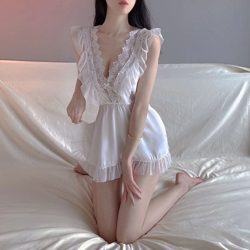 섹시 레이스 슬립 부드러운 실키 새틴 딥브이넥 프릴 러플소매 미니원피스 잠옷 홈웨어 - 상세 이미지 5