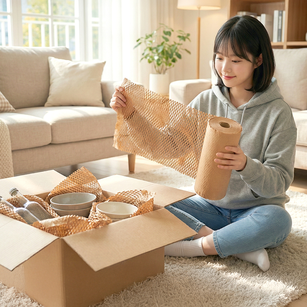 종이완충재 종이뽁뽁이 벌집형 포장지 친환경 완충재 크라프트, 38cm X 50M(연신후80M), 1개 - 상세 이미지 2