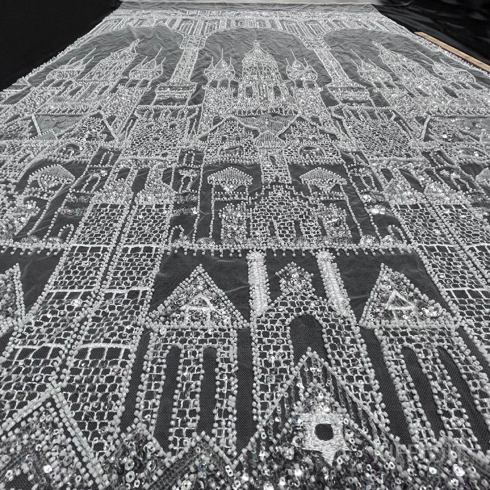 스팽글 성 자수 레이스 원단 배경 천 에우셉 캐슬 1개(너비 약 32cm  비즈 높이 약