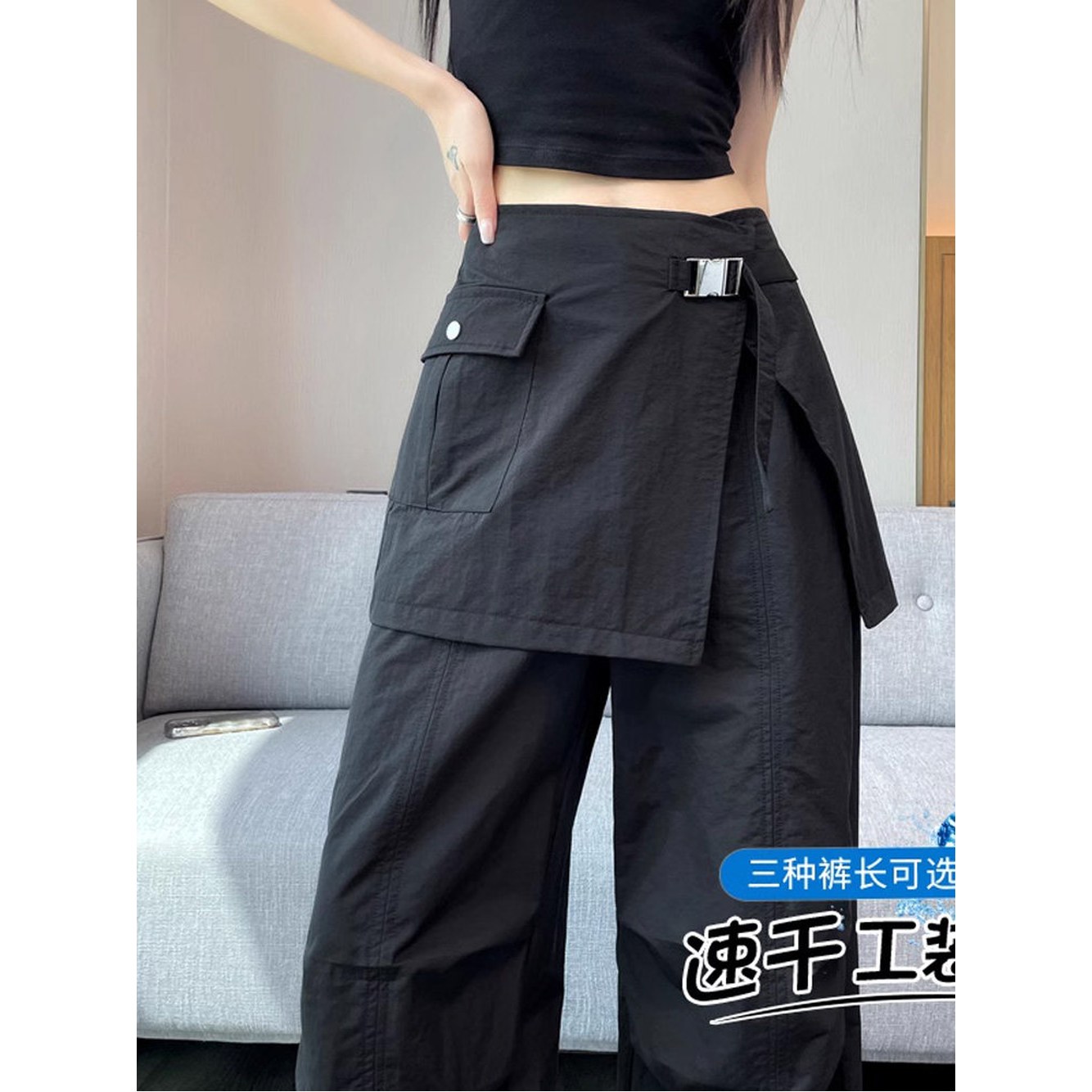 미니 커버 내장 하이웨스트 몸집 검은 바지 라인 포켓 여름 편안한 XS A라인 블랙 치마바지 카고팬츠 검은 몸집 XS - 상세 이미지 3