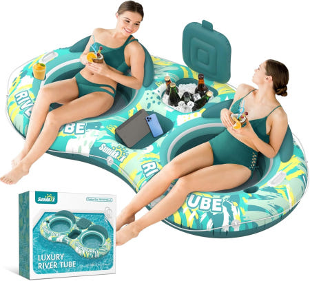 Sunikko X [해외]수닉코 X 5-in-1 풀 플로트 헤비 듀티 리버 튜브 등받이가 있는 2인용 워터 라운지 내장 쿨러 컵 홀더 여름 휴식을 위한 디럭스 Green