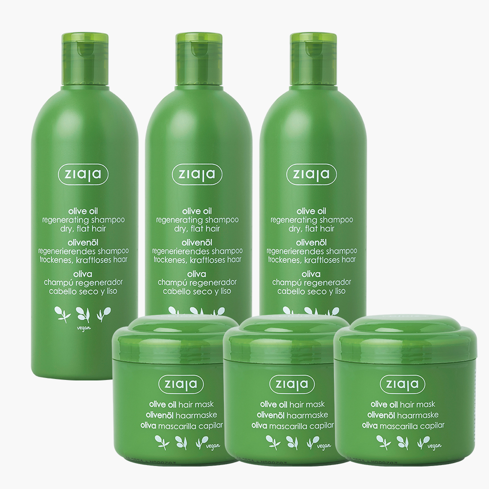 지아자 올리브 내추럴 헤어 3+3 2종 세트 (샴푸 400ml 3통+마스크팩 200ml 3통) - 상품 이미지
