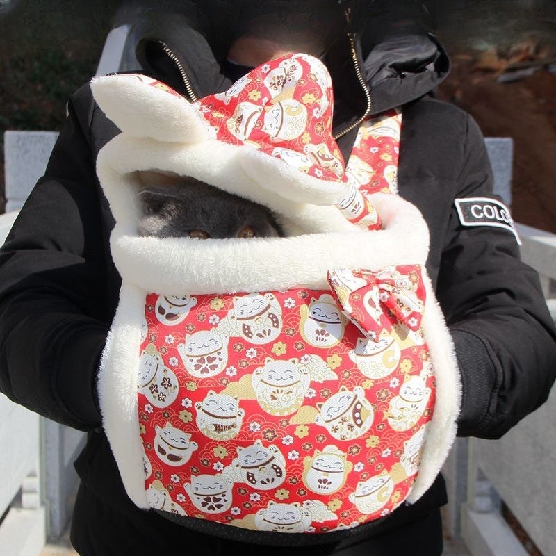 반려동물 슬링백 강아지 겨울철 따뜻한 극세사안감 포근한 후드귀 리본장식 시바견패턴 - 상세 이미지 2