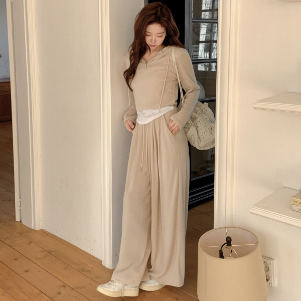 버튼넥 배색 레이어드 라운딩 후드티 와이드 밴딩 팬츠 세트 st3030 제품 이미지