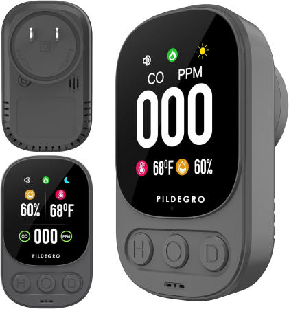 [해외]필드몬고 3-in-1 일산화탄소 검출기 플러그인 전문가용 2.1인치 LED 플러그 앤 플레이 실시간 CO 모니터(템프 및 RH 포함) 프리미엄 휴대용 Grey/Timeles