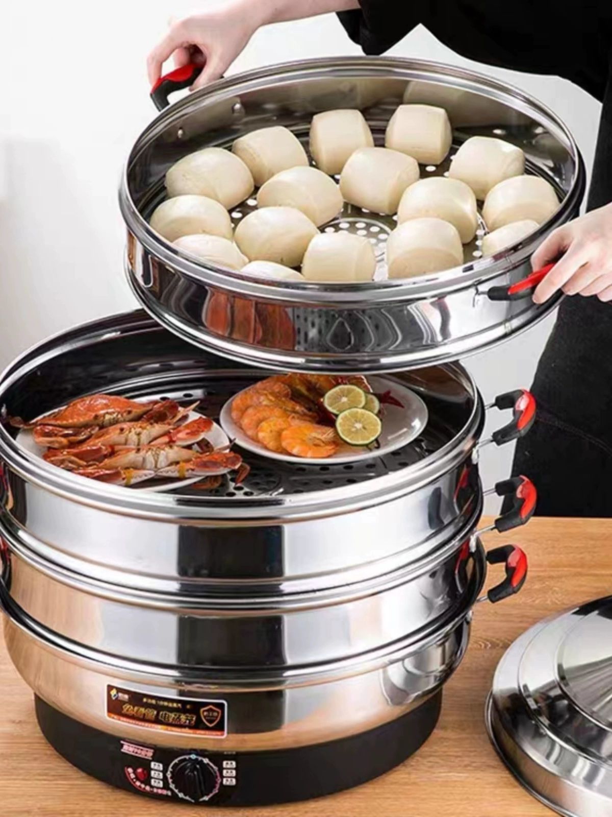 대용량 업소용 전기찜기 만두찜기 대형 47CM 스텐 40cm 3세대 7 12인용 3칸 - 상품 이미지