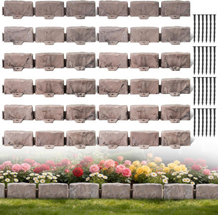 JYINCPED [해외]노-디그 랜드스케이프 에지 스톤 룩 가든 에지링 보더 2.75인치 높이 장식 브릭 론 페이버 플라워 베드 스파이크 17피트 라이트 브라운 17 Foot Installatio