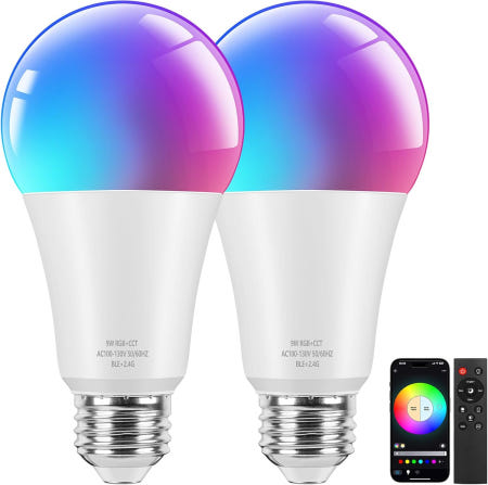 [해외]브라이트에버 스마트 A19 LED 전구 리모컨이 장착된 60W 등가 800LM 색상 변경 E26 9W 블루투스 1 600만 개의 DIY RGBWWW 음악 동기화 2팩