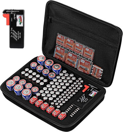 [해외]AAA용 테스터가 장착된 스터케이즈 배터리 정리함 보관 케이스 AAA C D 9V 홀더 7 버라이어티 팩 111 메쉬 백 (배터리 미포함) (블랙) black