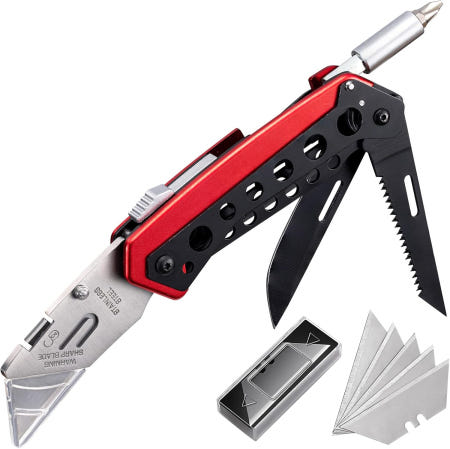 kambolly [해외]캠볼리 접이식 유틸리티 나이프 헤비 듀티 박스 커터 5개의 칼날이 추가된 퀵 체인지 면도칼 드라이버 톱 클립 벨트용 홀더 세이프티 락 EDC 작업용 남성용 선물 와우엔 Re