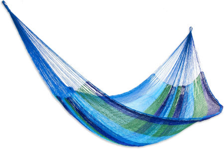 NOVICA [해외]노비카 장인 수제 해먹 더블 마야 로프 스타일 나일론 멕시코 블루 스트라이프 비치 모닥 [침대 사이즈 78인치 X W 총 길이 158인치 L] '바다 바람' Blue