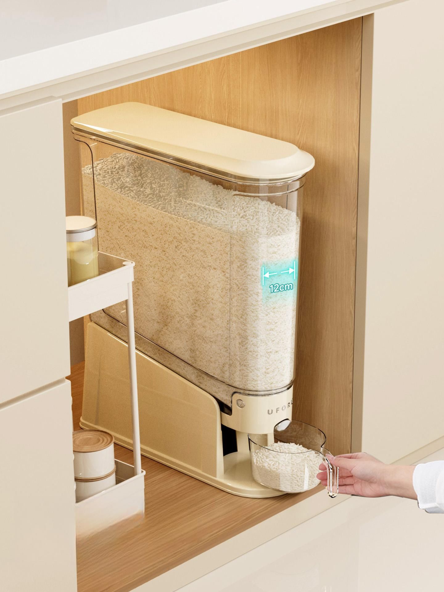 하뮤 원터치 좁은 가능 쌀통 보관 용기 틈새 계량 크림화이트 10.0kg 쌀통 12cm 초슬림 - 상품 이미지