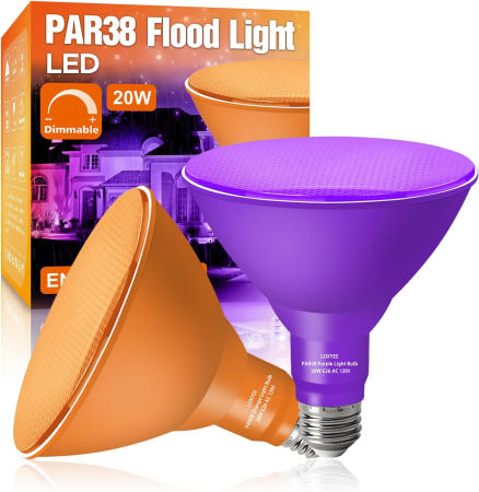 [해외]록시 PAR38 플러드 오렌지 퍼플 전구 2팩 디머블 E26 베이스 라이트 아웃도어(20W 교체 200W 교체) 야외용 할로윈 크리스마스 홀리데이 조명 2 Purple+or