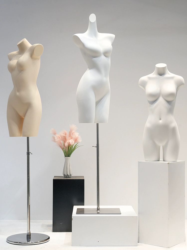 토르소 마네킹 여성 속옷 모델 남성 상반신 디스플레이 평평한어깨원피스화이트+실버사각받침대 - 상품 이미지