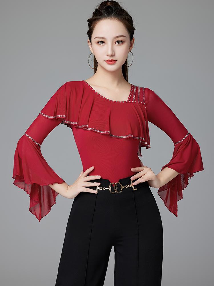 여성 블라우스 사교 댄스의상 라틴댄스복 프릴 공연복 피코크블루 m - 상세 이미지 2