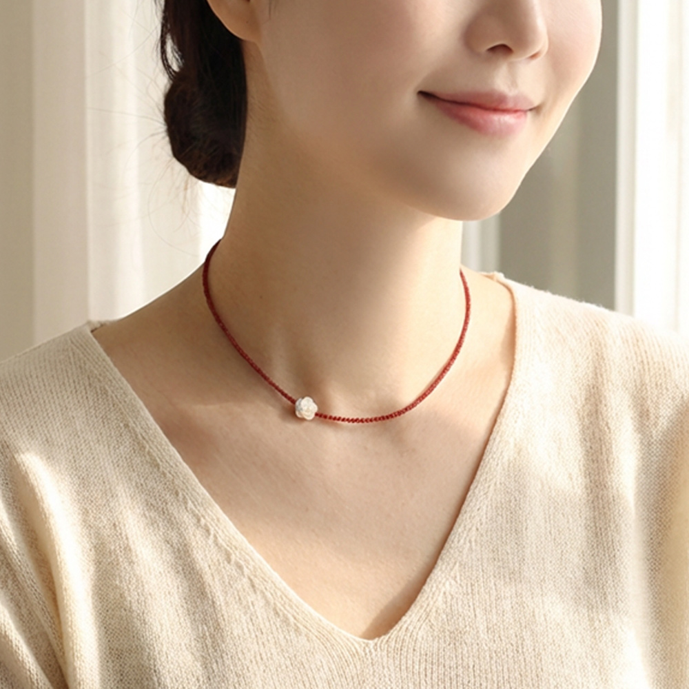 화이트 자개 로즈 장미 크리스탈 써지컬스틸 목걸이 레드 - 상세 이미지 4