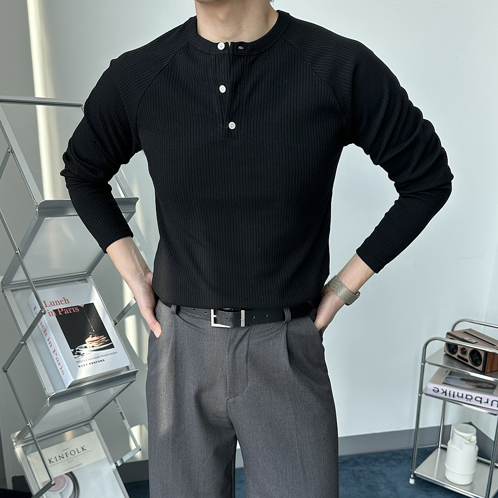 남자 긴팔티 골지 스판 머슬핏 헨리넥 티셔츠 남자 카라티 - 상품 이미지