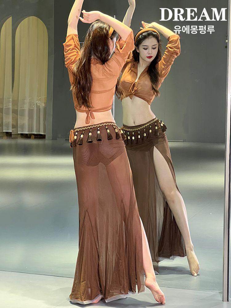 벨리댄스 세트 태슬 장식 무대 의상 연습복 투피스 전문 브라운 컬러블록 머메이드 세트 s - 상세 이미지 2