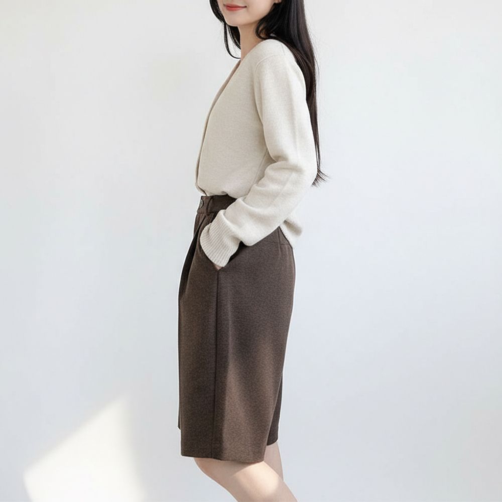 여성 겨울 울 반바지 5부 하이웨스트 와이드 핀턱 모직 팬츠 A라인 bying24 - 상세 이미지 2