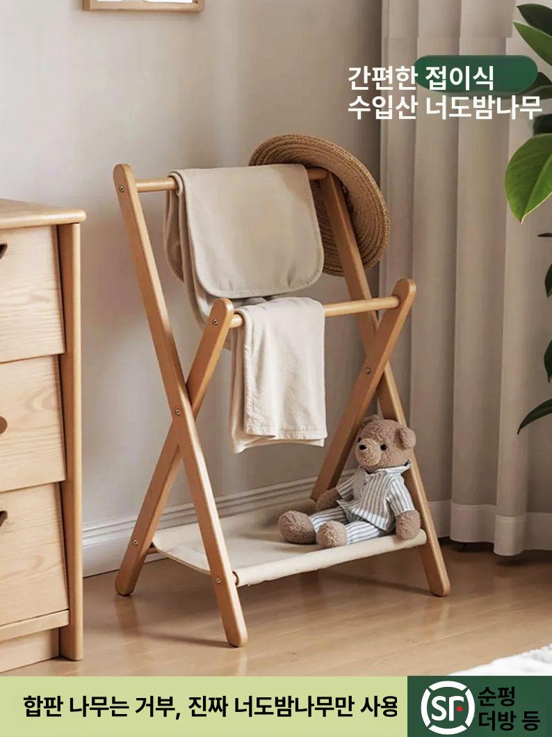 우드 접이식 거실 선반 겸용 침실 폴딩 간이 옷걸이 내추럴 우드 60cm 이중봉 접이식 - 상세 이미지 3