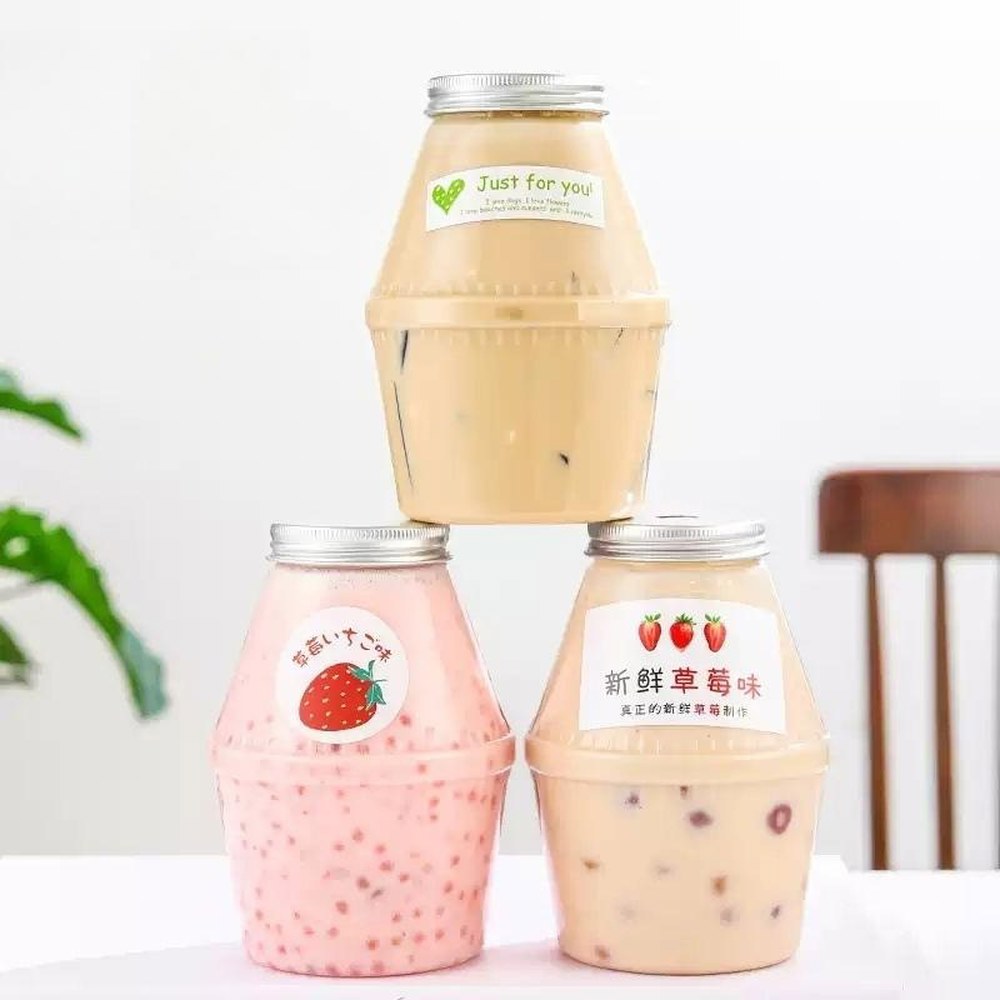 용기 일회용 카페 플라스틱 바나나우유 바나나우유병 딸기라떼 10개 우유 350ML 바나나병 50개 유공뚜껑 - 상품 이미지