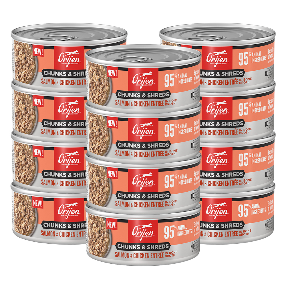 오리젠 캣 청크&슈레드 주식캔 살몬+치킨, 155g, 12개 - 상품 이미지
