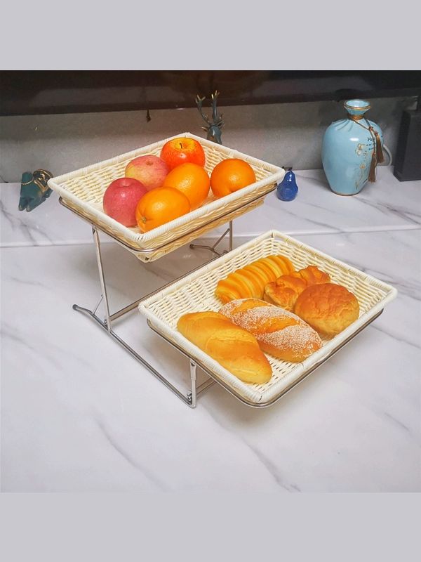 라탄 디저트 진열 판매용 빵 트레이 전시용 과일 뷔페 3단 브라운 + 3단 스테인리스 스틸 - 상세 이미지 5