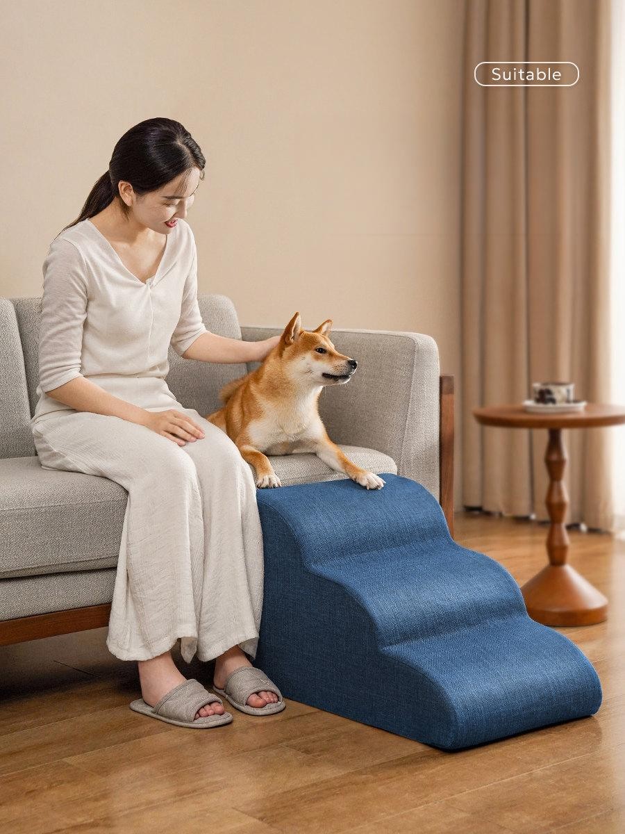펫 애완동물 강아지소파 강아지 가정용 슬라이드 펫스텝 4단 블루 40 x 72x40cm린넨 - 상품 이미지