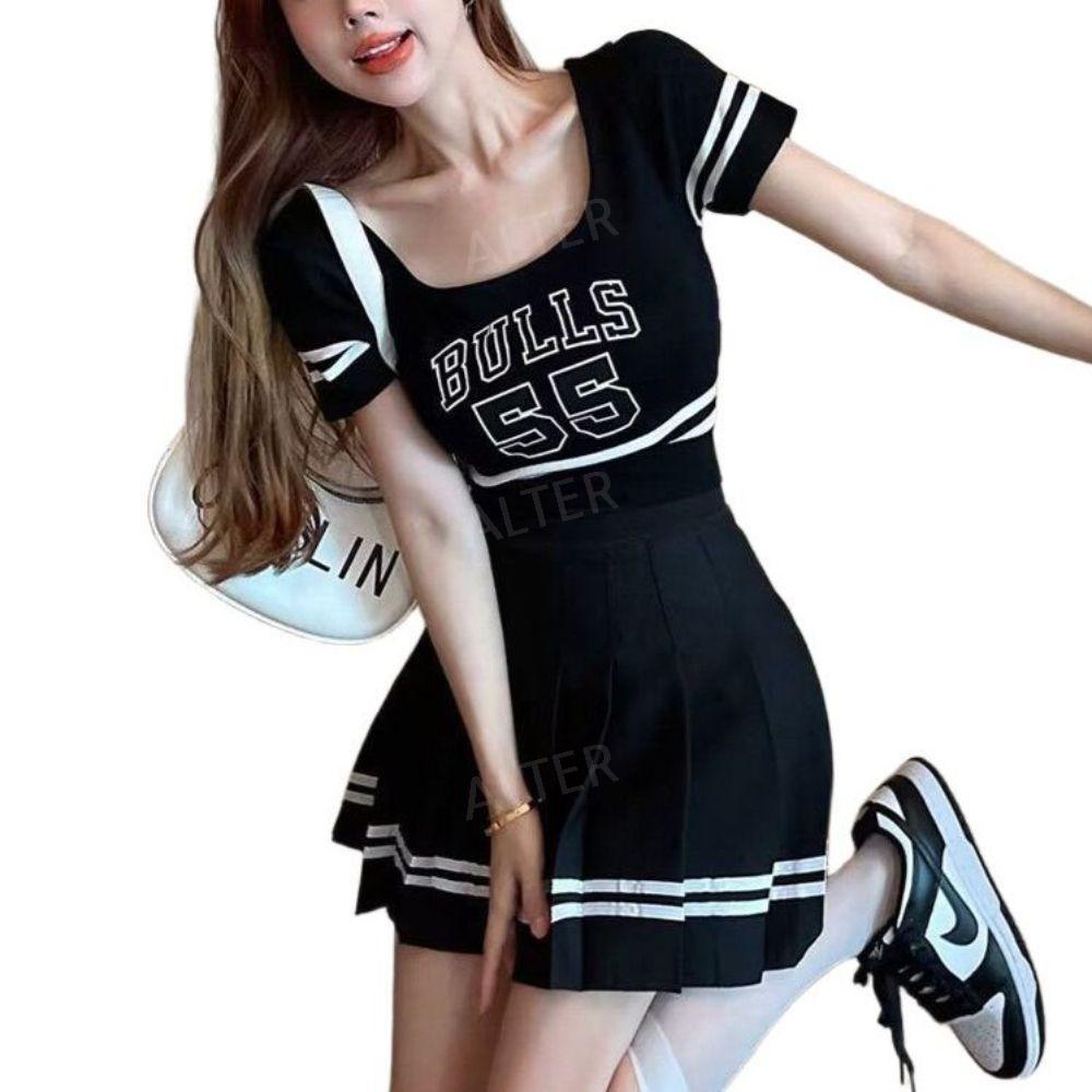치어리딩 의상 응원복 치어리더복 단체복 응원단복 댄스복 걸그룹 세트 공연 핑크 상의+검정 줄무늬 스커트 S - 상품 이미지