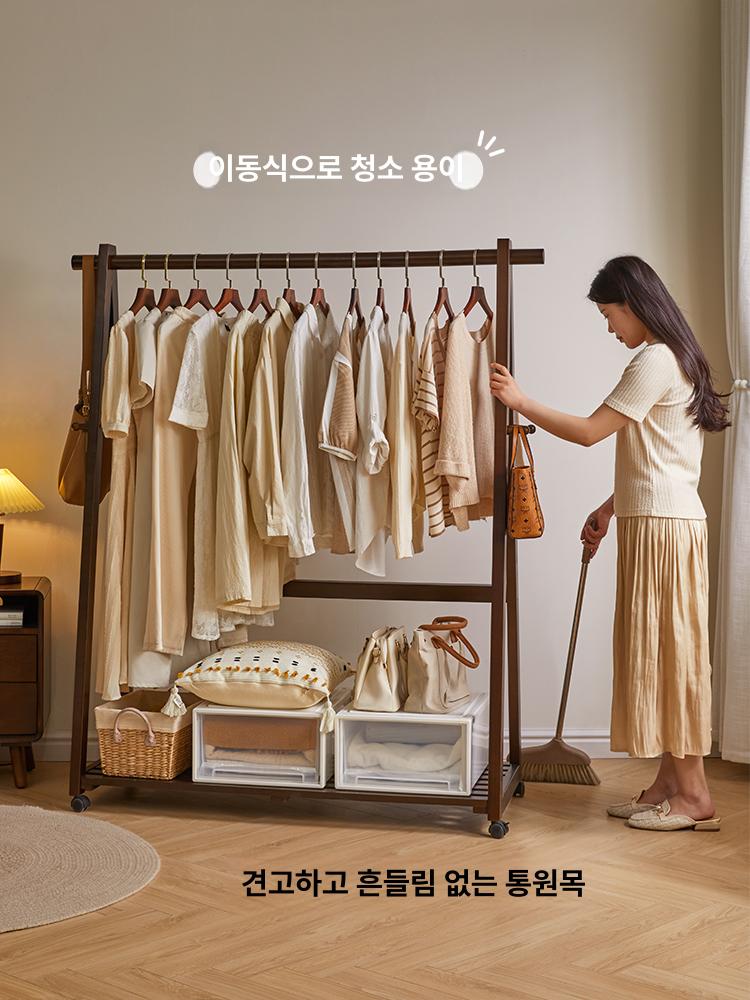 원목 스탠드 옷걸이 이동식 미니 원룸 다용도 선반형 이중층 120cm 월넛 - 상세 이미지 2
