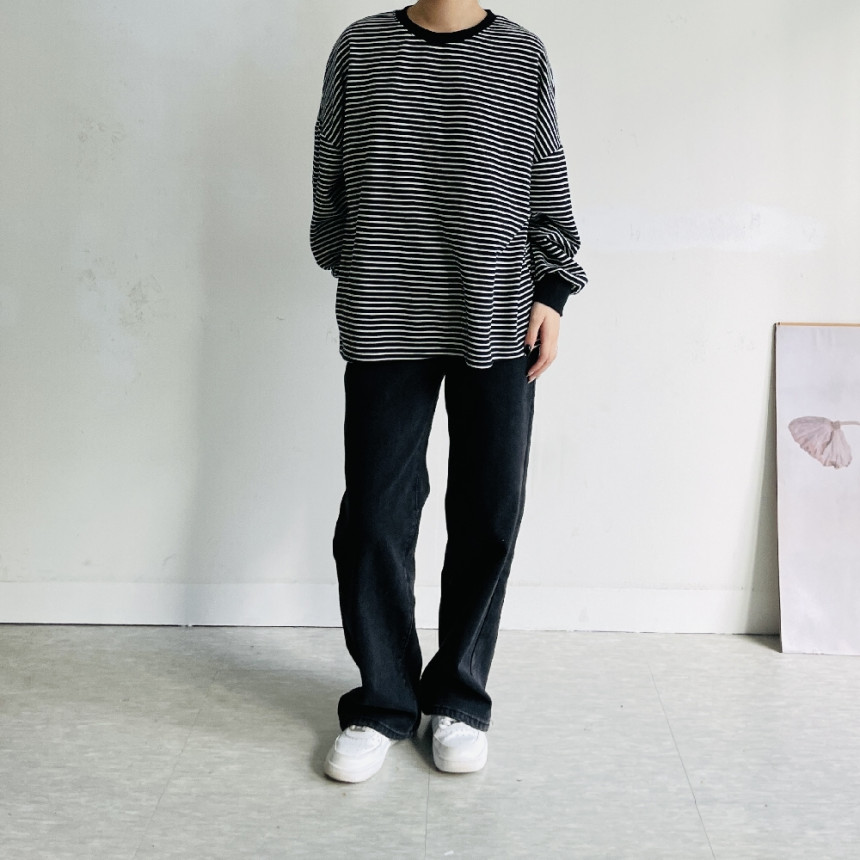 빅사이즈 박스 스트라이프 긴팔 티셔츠 여성