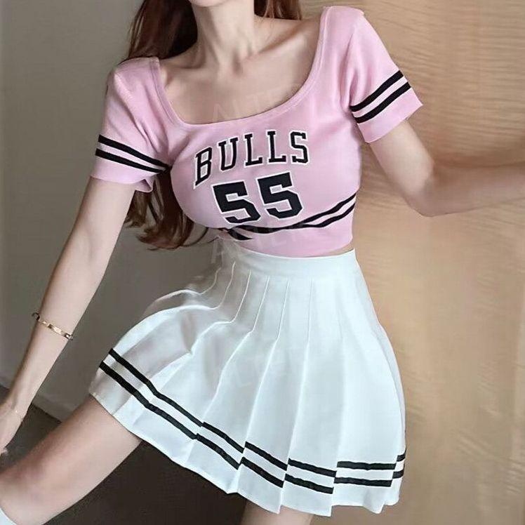 치어리딩 의상 응원복 치어리더복 단체복 응원단복 댄스복 걸그룹 세트 공연 핑크 상의+검정 줄무늬 스커트 S - 상세 이미지 4