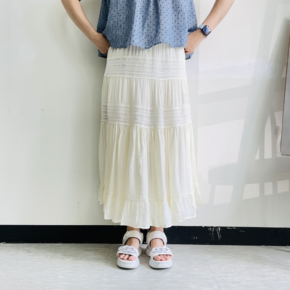 펀칭스커트 캉캉치마 아일렛 레이스 프릴 롱스커트 흰색치마 - 상품 이미지