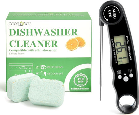 OOOFLOWER [해외]OOOFLOWER 6팩 식기세척기 세제 육류 온도계가 포함된 딥 클리닝 포뮬러 정제 석회질 냄새 단단한 물 잔여물 제거 모든 식기세척기에 with Meat Thermomet