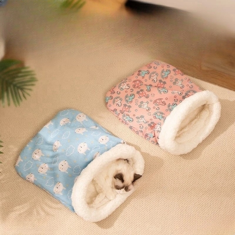 겨울 고양이 침낭 강아지 침대 포근한 극세사 보온 스카이블루 토끼무늬 반려동물 아늑한 - 상품 이미지
