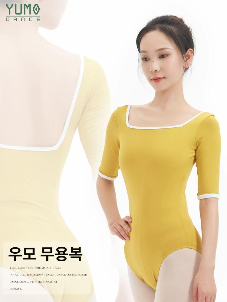 원피스 가슴패드 내장 중간소매 발레복 메쉬 칠부 소매 다크블루 화이트 7부소매 s - 상세 이미지 2