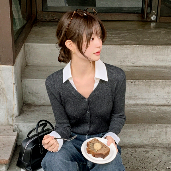 [울함유] 배색 카라 셔츠 레이어드 가디건 cd3519 제품 이미지