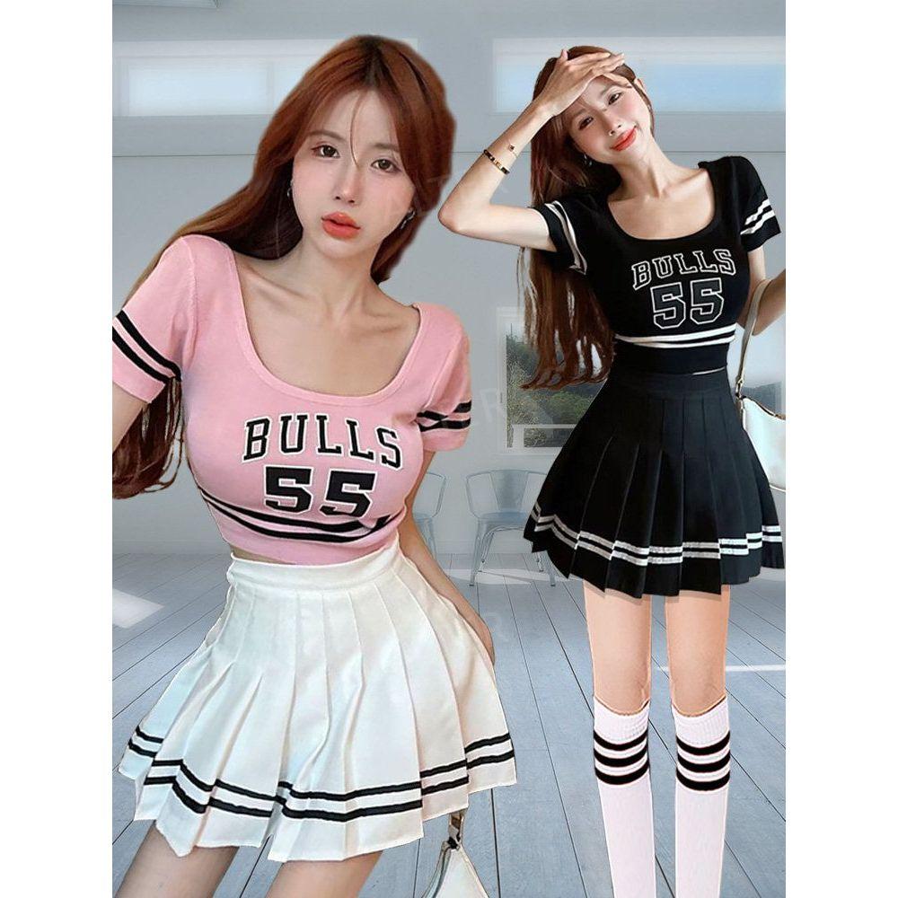 치어리딩 의상 응원복 치어리더복 단체복 응원단복 댄스복 걸그룹 세트 공연 핑크 상의+검정 줄무늬 스커트 S - 상세 이미지 2