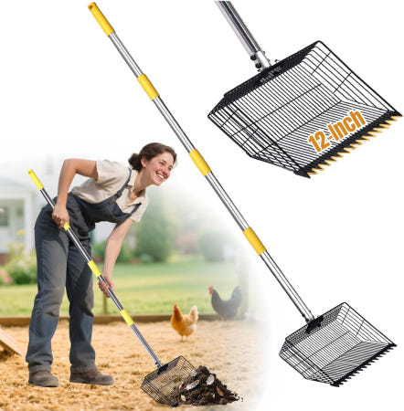[해외]갈퀴가 달린 닭장 똥 스쿠퍼 - 인체공학적 12인치 모래 체 스쿱 65인치 조절 가능한 긴 손잡이 먼지 목욕용 무거운 쓰레기 청소 도구 개 마당 농장 동물