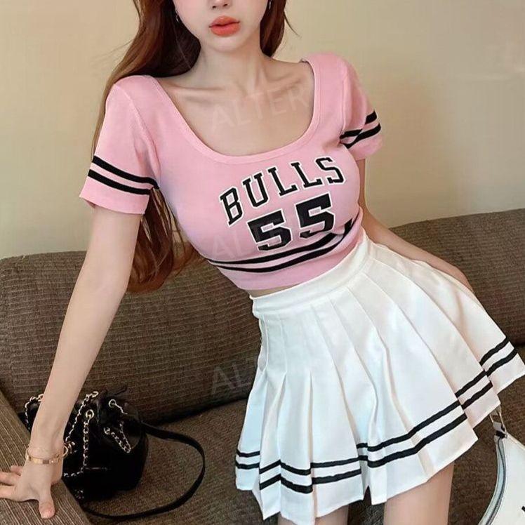 치어리딩 의상 응원복 치어리더복 단체복 응원단복 댄스복 걸그룹 세트 공연 핑크 상의+검정 줄무늬 스커트 S - 상세 이미지 3
