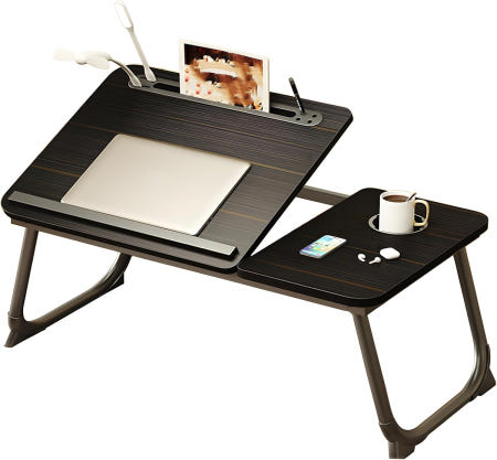 [해외]침대용 조절 가능한 노트북 스탠드 랩 데스크 컵 및 태블릿 카드 슬롯이 있는 휴대용 테이블 물건이 떨어지지 않도록 배플 디자인 공부 작업에 적합(블랙 Black-upgrad